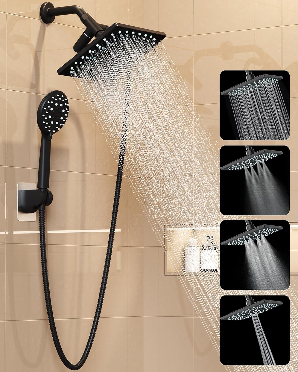 High Pressure Rain Shower Head with Multi-Functions, Square Rainfall Shower Heads with 5-Mode Handheld Spray Combo, Detachable Hand Held Showerhead with Hose, Double Regaderas Para