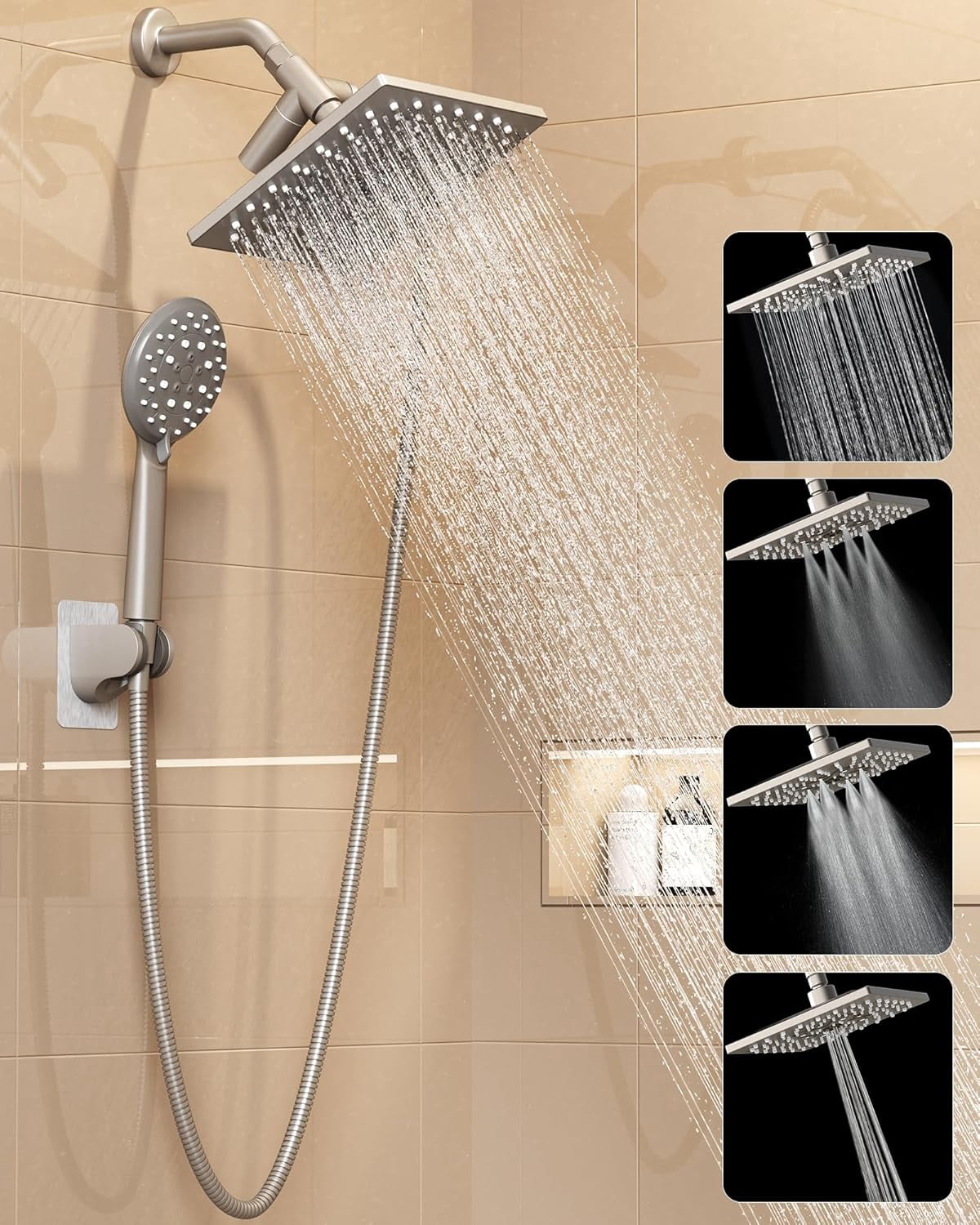 High Pressure Rain Shower Head with Multi-Functions, Square Rainfall Shower Heads with 5-Mode Handheld Spray Combo, Detachable Hand Held Showerhead with Hose, Double Regaderas Para