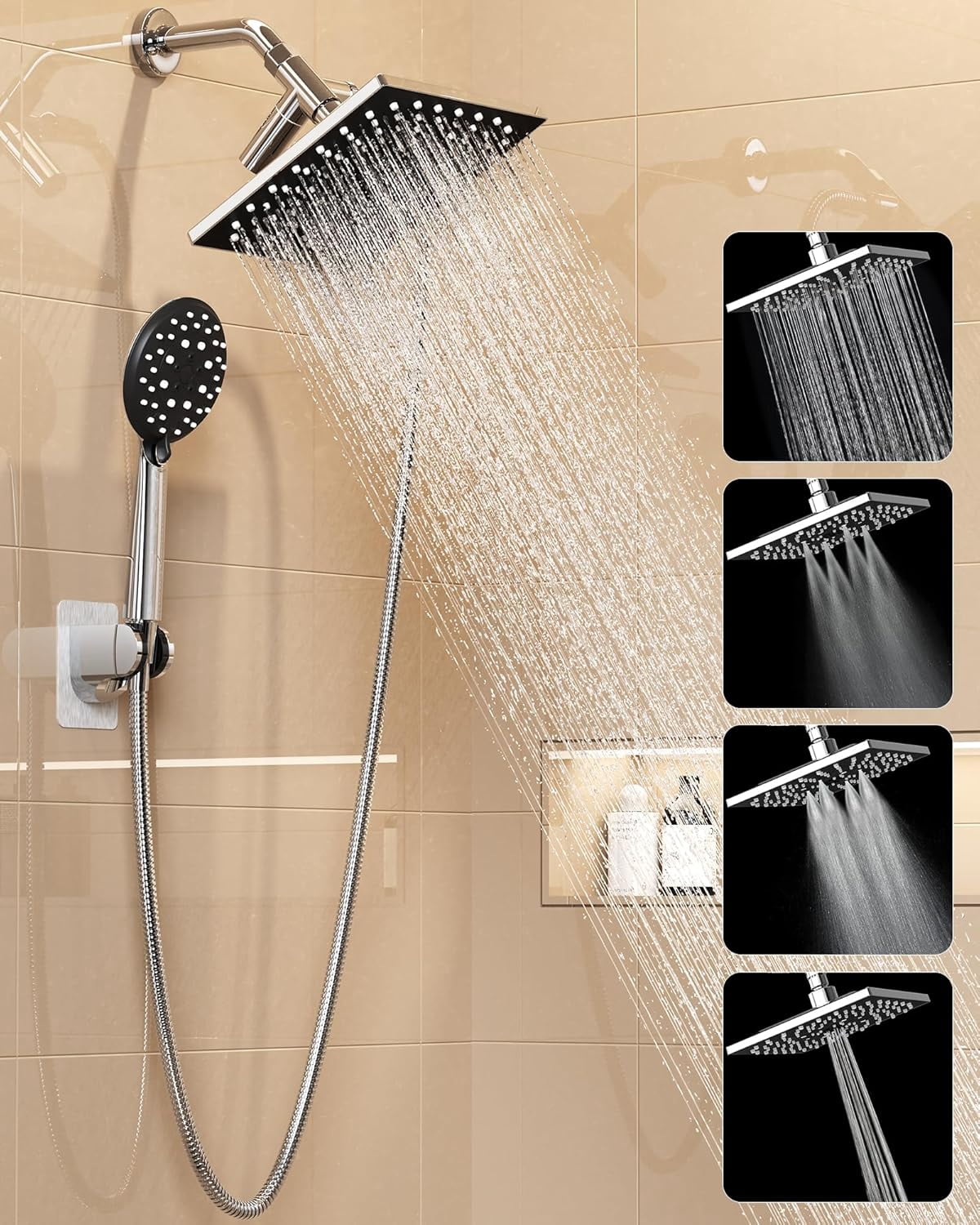 High Pressure Rain Shower Head with Multi-Functions, Square Rainfall Shower Heads with 5-Mode Handheld Spray Combo, Detachable Hand Held Showerhead with Hose, Double Regaderas Para
