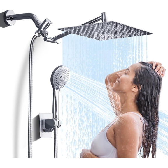 High Pressure Rainfall Shower Head with Handheld Spray Combo 5 Spray Modes, 10" Rain Showerheads Overhead Shower, Anti-Clog Nozzles, Air-In, Flexible Extension Arm, Chrome Plating & Brass