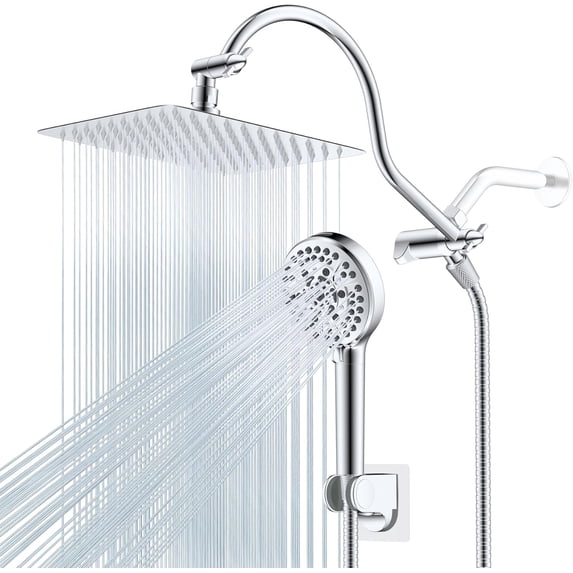 High-Pressure Rainfall Shower Head with Handheld Combo, Square 10 Inch, Chrome Finish, 10 Spray Modes, Adjustable 12 Inch Extension Arm, 71 Inch Hose