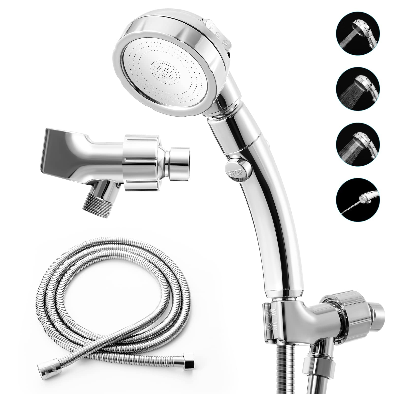 High Pressure Shower Head, 3-Settings Handheld Showerhead with ON/Off Full Shutoff Push Button and Switch to Control Flow, Angle-Adjustable Water Saving Body Sprays