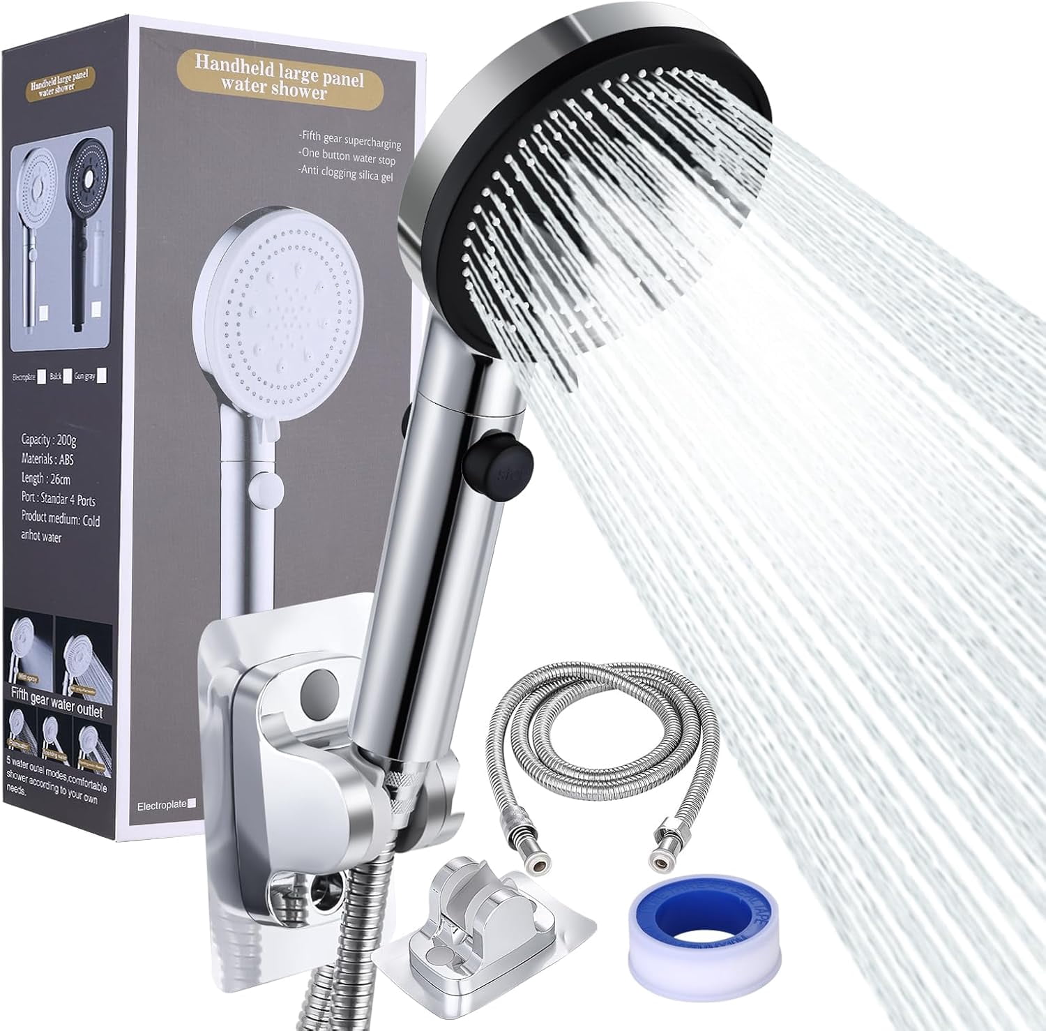 High Pressure Shower Head with 5 Spray Modes, 4in Large Panel, ON/OFF ...