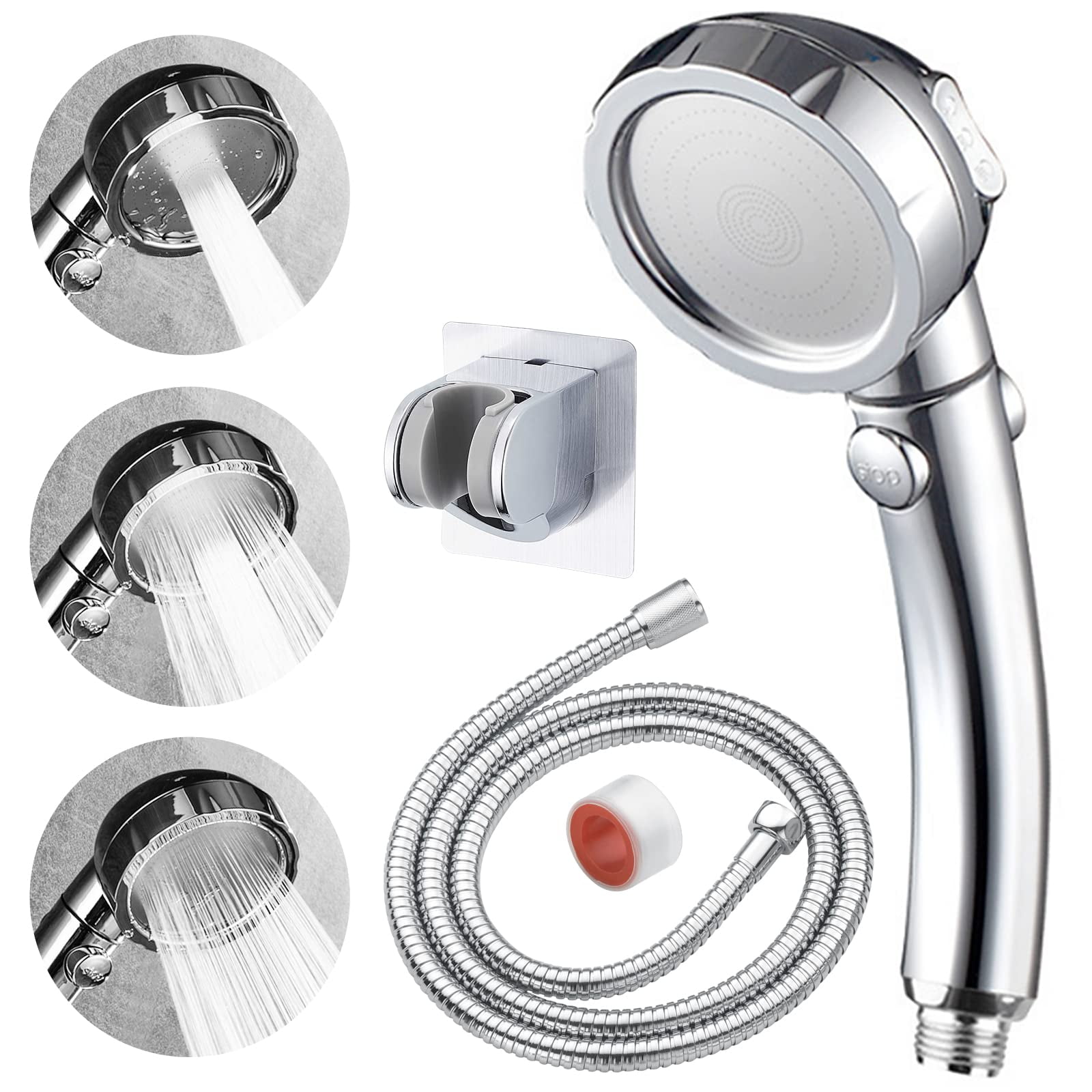 High Pressure Shower Head, Angle-Adjustable Water Saving Body Sprays Detachable Shower Head with Adjustable Holder silver
