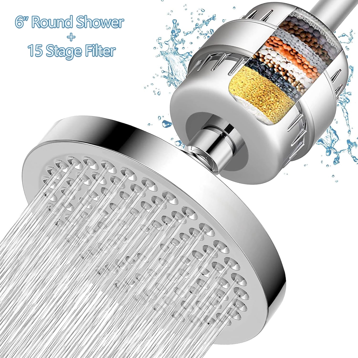 High Pressure Shower Head with Filter，6'' Rain Shower Hard Water Shower