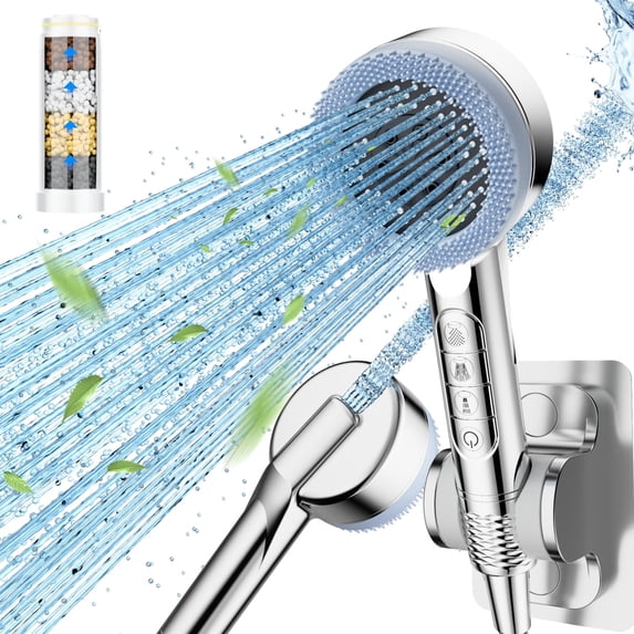 High Pressure Shower Head with Handheld, 4 Spray Settings Showerhead Built in Power Wash to Clean Tub and Pets, Adjustable Bracket, Brushed RV Shower Head with Hose
