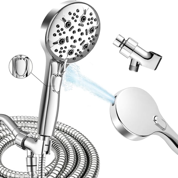 High Pressure Shower Head with Handheld,8-settings Handheld Shower Head with On Off Switch,79-inches Extra Long Hose and Built-in Power Wash to Tub,Wall&Tile,Adjustable Brackets,Silver