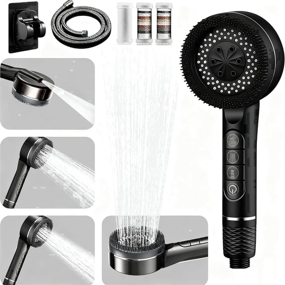 Ion Drops Shower Head Set, Filtered Showerhead with Handheld, 3 Spray Modes & Pause Switch, Softens Hard Water for Bathroom & Pet Bathing, Black