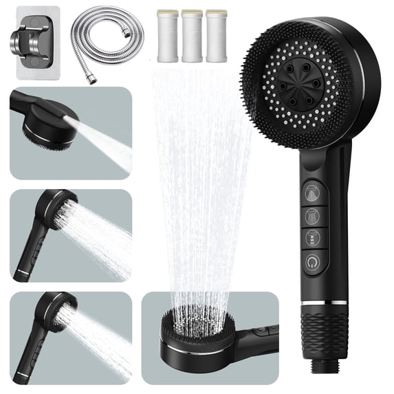 High Pressure Shower Head, High Power Shower Head and Hose Set with 3 Filters, 59‘’ Hose & Bracket, 4 Spray Modes & Pause Switch, Hard Water Filtered Showerhead with Handheld, Black