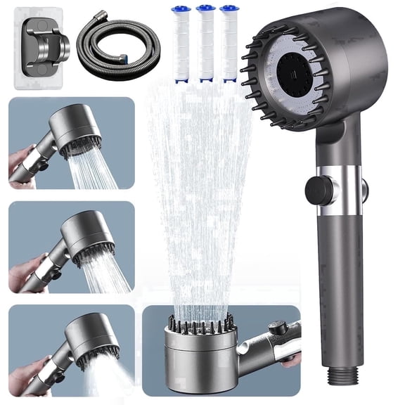 Ion Drops Shower Head, High Pressure Showerhead Set with Filters, Hose & Bracket, 3 1 Spray Modes & Pause Switch, Filtered Showerhead with Handheld