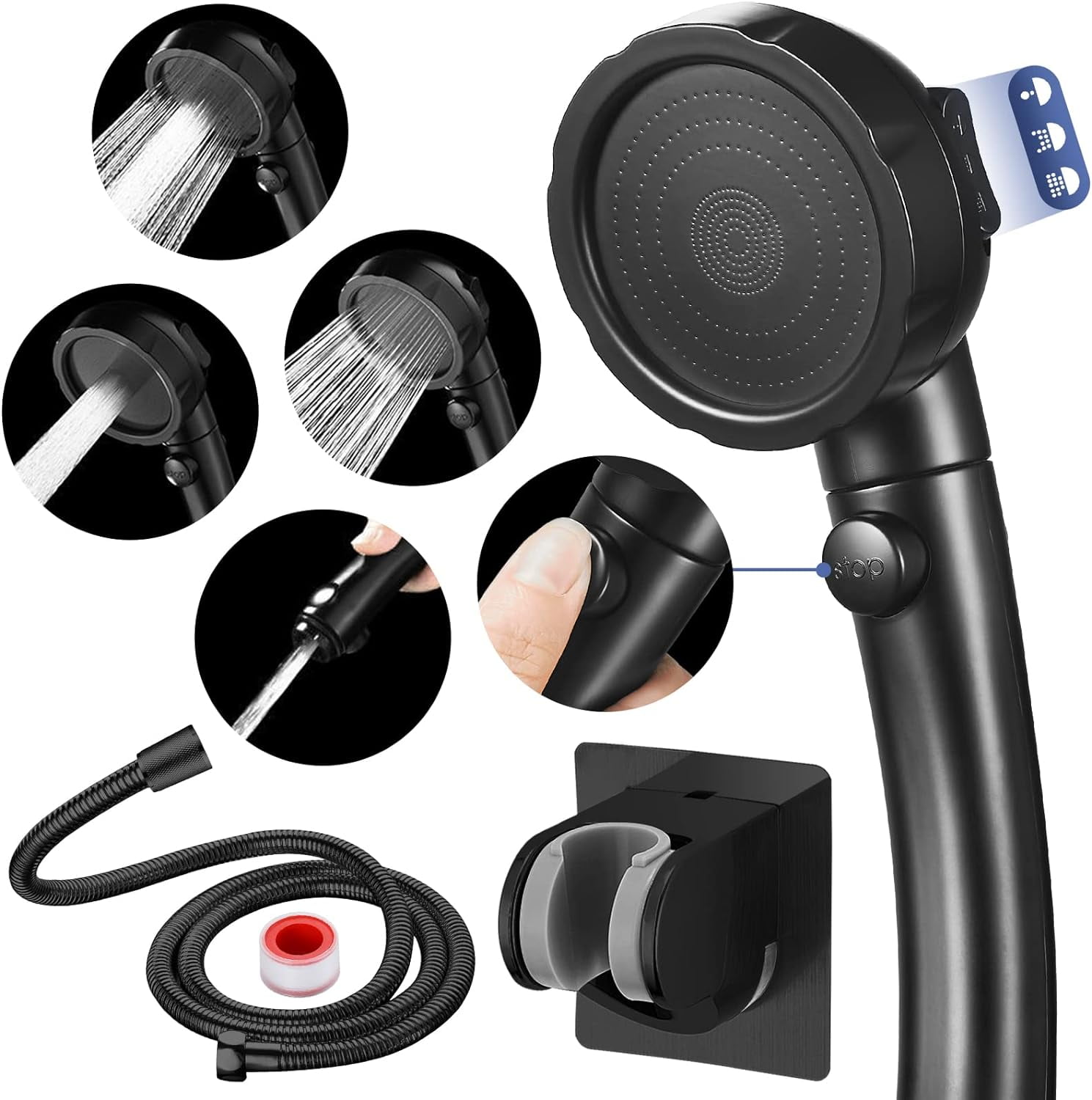High Pressure Shower Head with Pause Button, 3 Spray Modes Shower Head for RV Camper, Water Saving On Off Shower, Handheld Shower Head with Hose and Adjustable Self-adhesive Holder ()
