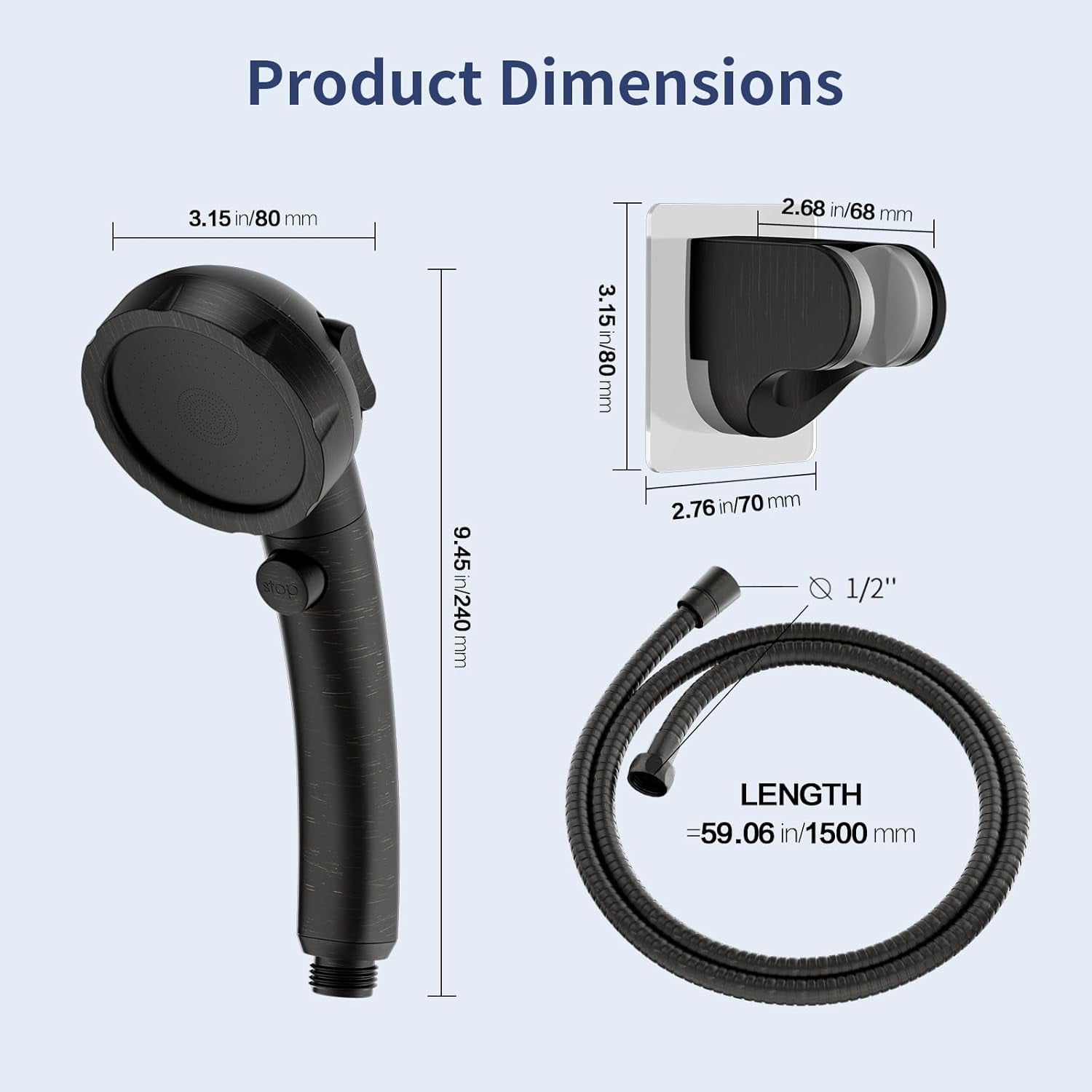 High Pressure Shower Head with Pause Button, 3 Spray Modes Shower Head for RV Camper, Water Saving On Off Shower, Handheld Shower Head with Hose and Holder (Oil-Rubbed Bronze)