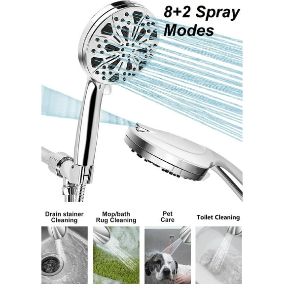 Handheld Shower Head 10 Spray Mode High Pressure Shower Head with Handheld 5Ft Long Hose Anti-clog Nozlzes Built-in 2-Mode Power Wash Spray, Chrome