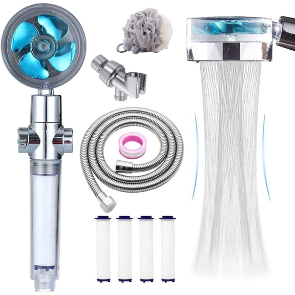 High Pressure Shower Heads, Handheld Turbo Fan Shower, Hydro Jet Head with 79 Inch Hose,Bracket,Cotton Filters and Bath Loofah, One Key Pause Switch 360 Degrees Rotating (Blue hose)