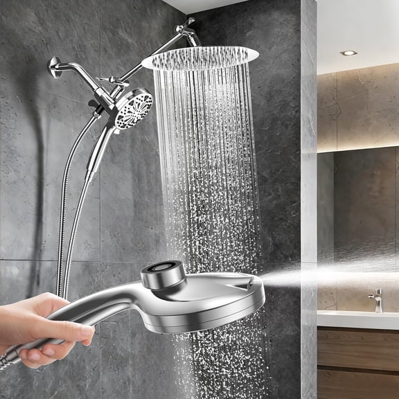 High Pressure Shower Heads,Rain Shower Head with Handheld Spray,10 Spray Modeswith Extension Arm with Long Hose with Solid Brass 3-Way Diverter Built-in Magnetic Docking, 12 Inch Silver
