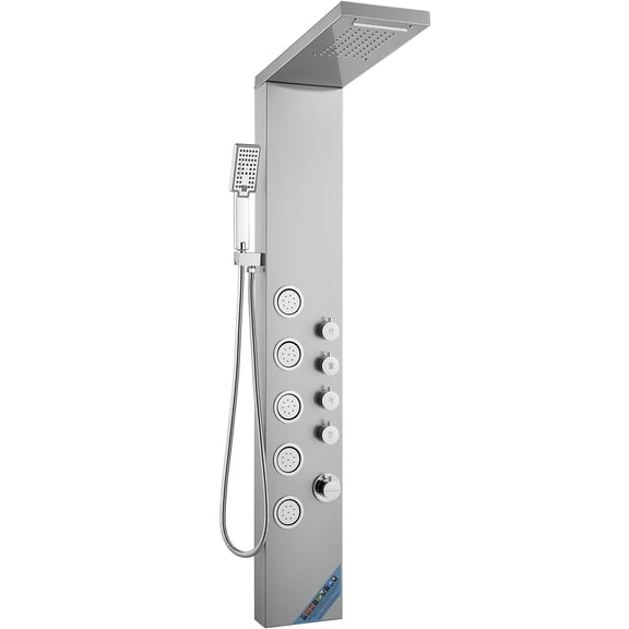 High-Pressure Shower Panel Tower with Rainfall Showerhead, 5 Body Jets, 3-Setting Handheld Spray & 59" Hose - Stainless Steel Wall-Mounted Shower System