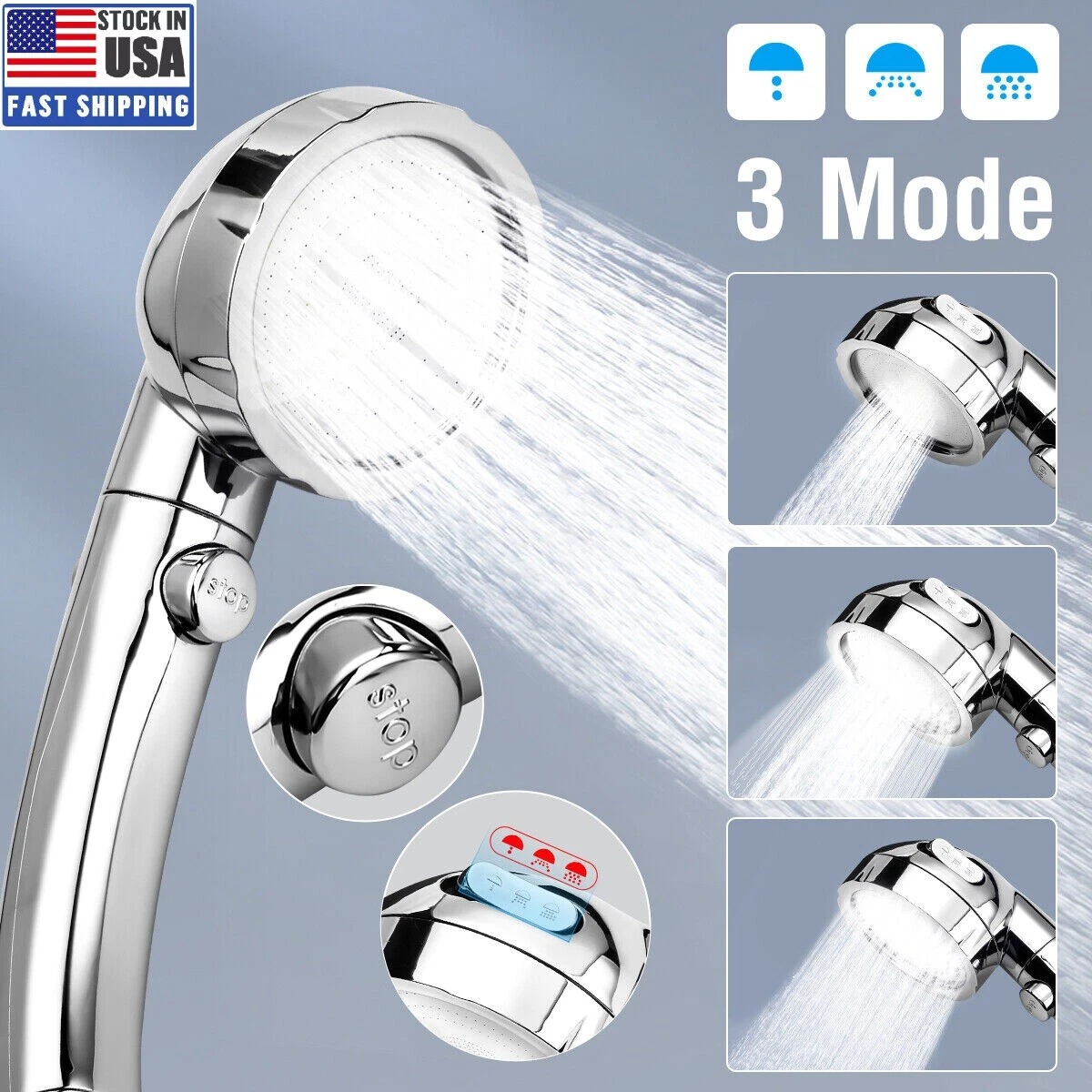 High Pressure Showerhead Handheld Shower Head With On/Off/Pause Durable ...