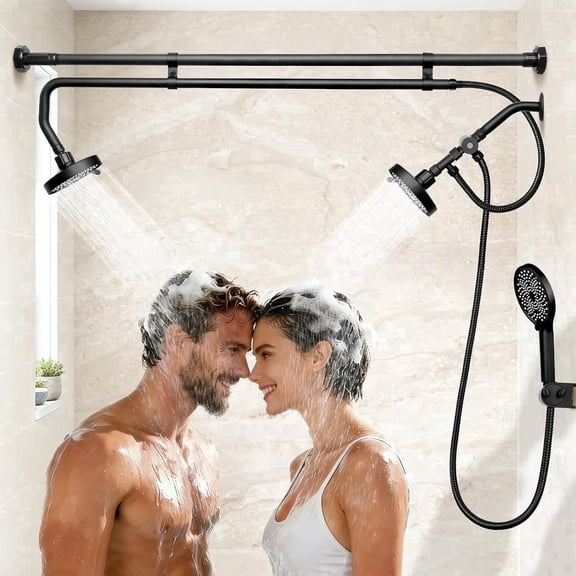 High Pressure Tandem Dual Shower Head System for Couples, Tool-Free Installation, 180° Rotation, Three-Head Design with 3 Spray Modes, Black