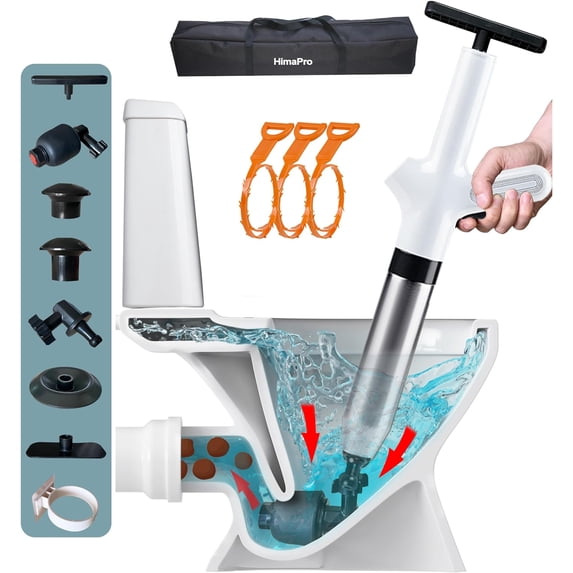 High Pressure Toilet Plunger Air Drain Blaster Kit White Handle- Unclog Toilets, Kitchen Sinks, Shower Drains, and Pipes with Ease - Bonus Drain Snake Included