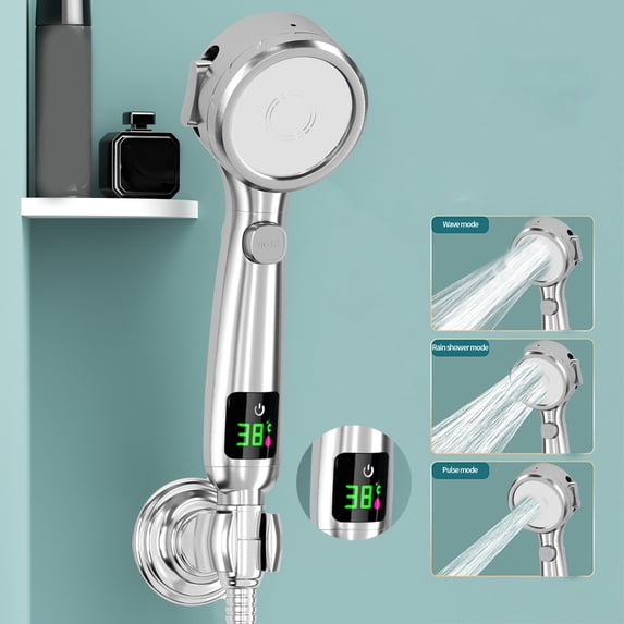 High Pressure Turbo Shower Head with 4 Modes, One-Button Water Stop, Digital Temperature Display, Easy Install Handheld Shower Nozzle for Low Water Pressure