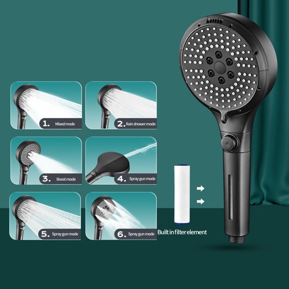 High Pressure Turbo Shower Head with 6 Modes Easy Water Stop Function for Home Bathing Experience