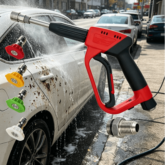High Pressure Washer, Extended Long Barrel Water Washer for Garden Hose, Heavy Duty Quick Connect Fitting & 4 Precision Spray Tips for Tough Roofing