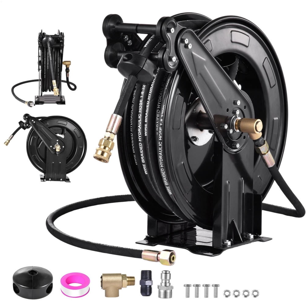High Pressure Washer Hose Reel for Water/Air/Oil, 3/8" X 50 FT Steel Arm Auto-Retractable Power Wash Hose Reel, Heavy Duty Hose Reel 4000 PSI