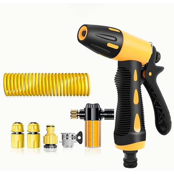 High Pressure Water Gun Jet Nozzle with Spring Tube & Soap Dispenser, Stainless Steel Power Washer Wand with Quick Connectors, Adjustable Hose for Car Wash Garden Patio Outdoor Home Cleaning(k)
