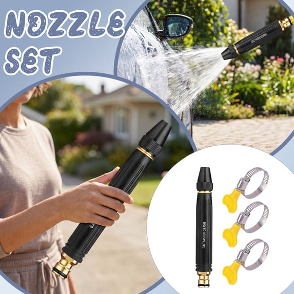 High Pressure Water Hose Nozzle, Brass Garden Hose Nozzle, 3 Pc Hose Clamps, Outdoor Car Wash Pressure Washer Attachment