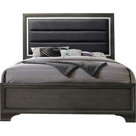 High Profile Panel Eastern King Bed with Fabric Padded Headboard, Gray