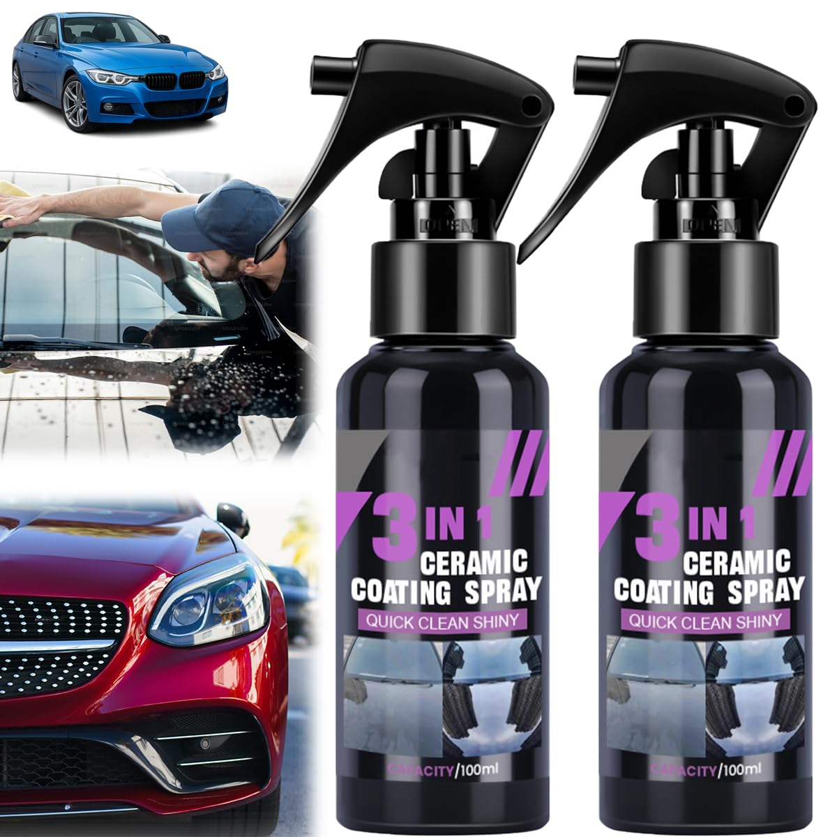 Spray Coating Céramique 3 En 1 Pour Voiture - Protection Longue Durée, Brillant Intense Et Nettoyage Facile (2 Flacons)