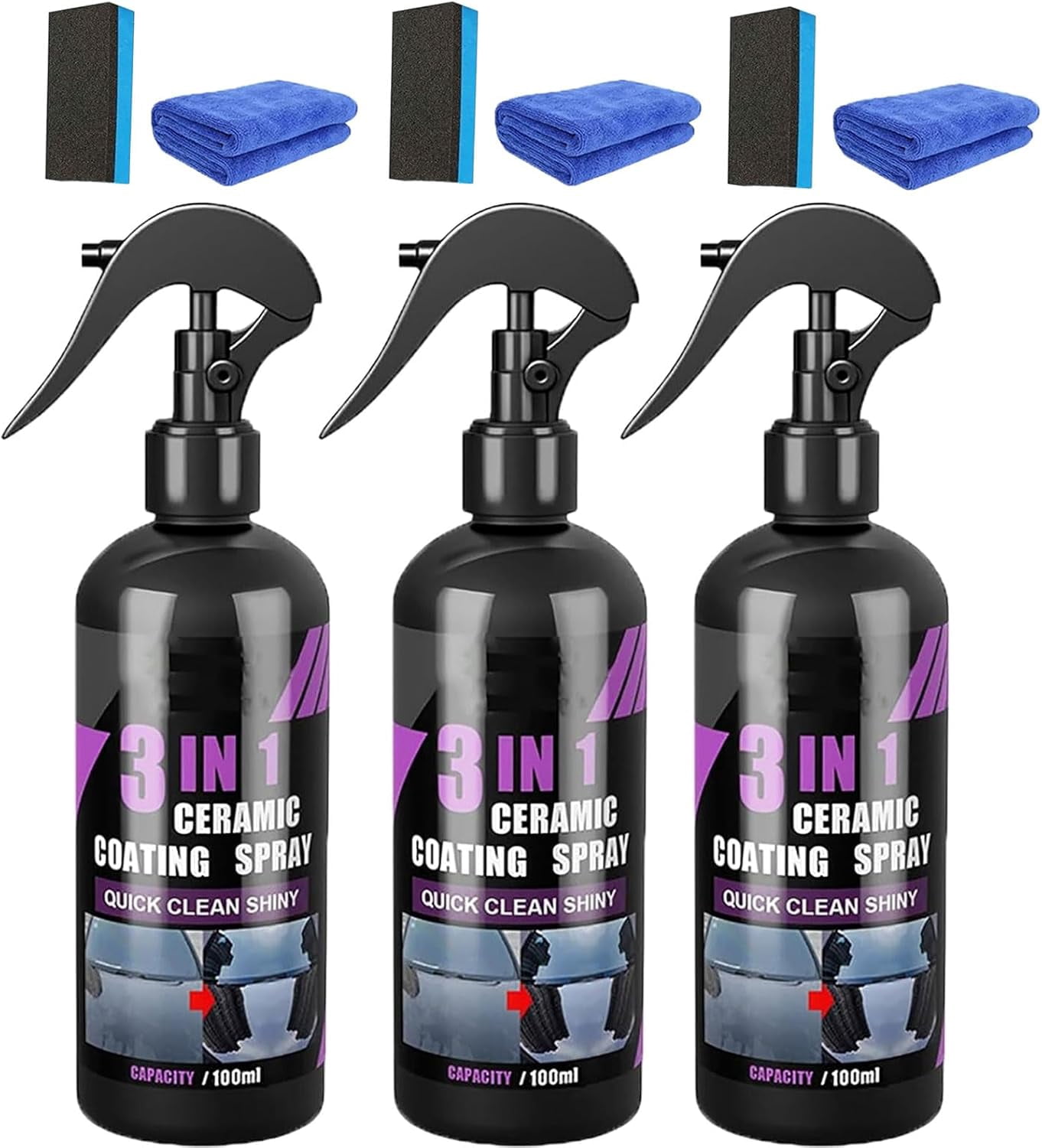 Spray Céramique 3-en-1 Voiture – Nettoyage, Polissage & Protection Nano Ultra Brillante – Lot De 3