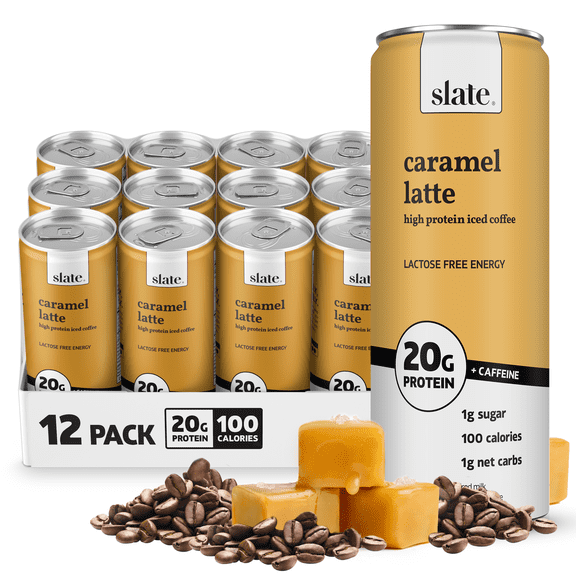 Slate Milk - High Protein Iced Coffee - Caramel Latte - 20g Protein, 1g Sugar, 100 Calories - 11 fl oz, 12 Cans