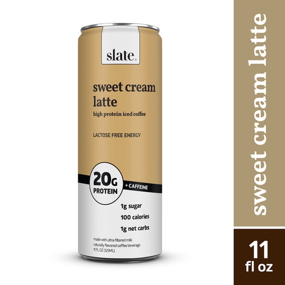 Slate Milk Sweet Cream Latte, High Protein Iced Coffee, 20g Protein, 11 fl oz Can, Ready to Drink