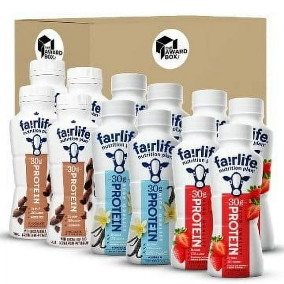 High Protein Shake Fairlife Nutrition Plan Variety Pack in Award Box Packaging 12 pack 4 of each Chocolate, Vanilla, and Strawberry Flavors