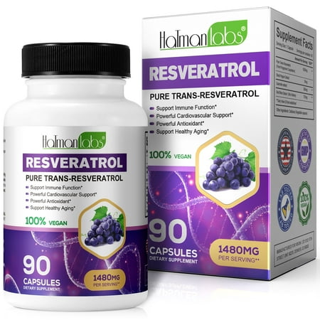 High Purity Resveratrol Capsules 98% Trans-Resveratrol Reservatrol Supplement - Antioxidant - 60 Capsules, support immune function