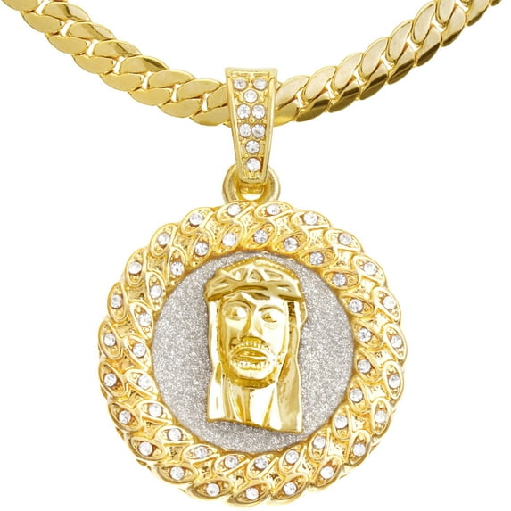 High Quality 14 K Gold Plated Hip Hop Jesus Medallion Pendant 20" Miami Cuban Chain Necklace MCP 118 G