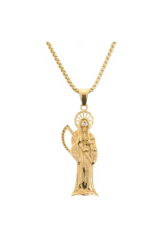 High Quality 14K Gold Plated Stainless Steel Hip Hop Death Saint (Santa Muerte) Pendant with 24" Chain Necklace SCP 5004 G