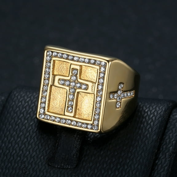 High Quality 14K Yellow Gold Hip Hop Cross Ring for Men Punk Rings Full of Rhinestones Bling Hand Jewelry
