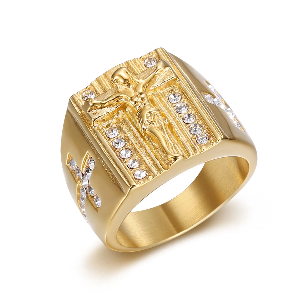 High Quality 14K Yellow Gold Hip Hop Jesus Cross Ring for Men Punk ...