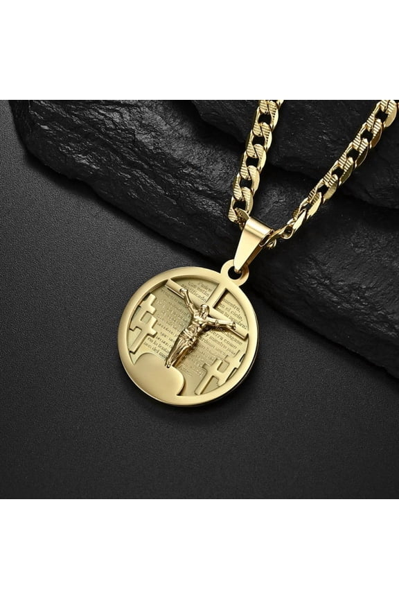 High Quality 14K Yellow Gold INRI Jesus Cross Bible Verse Pendant with Cuban Link Chain Necklace For Men Jewelry