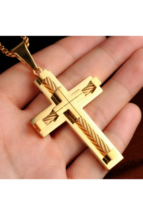 High Quality 14K Yellow Gold Wire Cross Pendant Necklace Men Cruz Necklaces For Male Jewelry