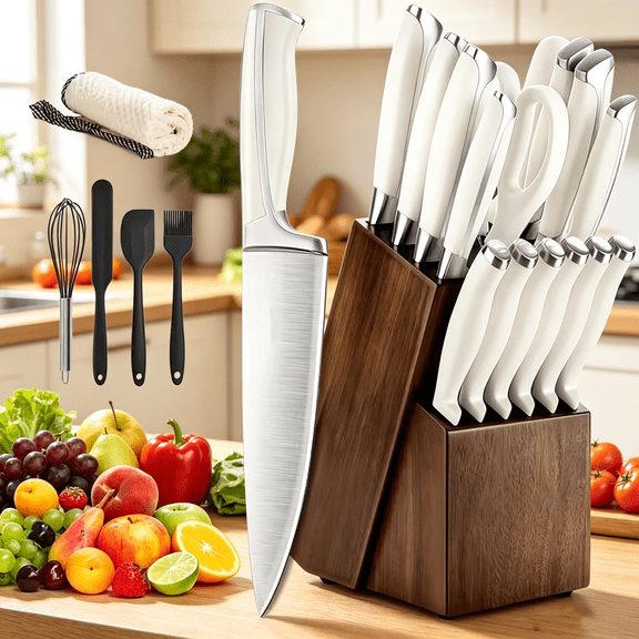 Knife Set, 21pcs Kitchen Knife Set with Block Wooden And Sharpener, Professional High Carbon German 420Stainless Steel Chef Knife Set, Ultra Sharp Full Tang Forged White Knives Set