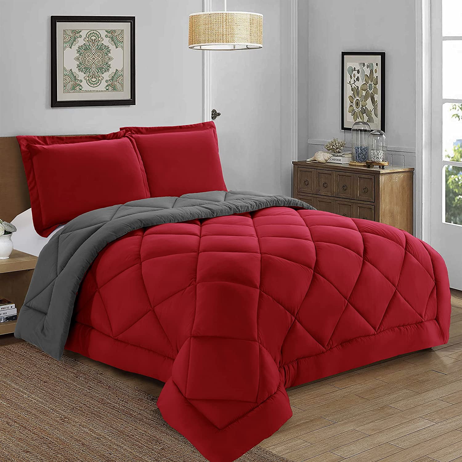 High Quality 3-Piece Reversible Comforter Set, All Season Suitable,  Box-Stitched Down Alternative, Full/Queen, Red/Gray, image size:1500x1500