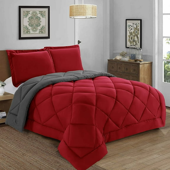 High Quality 3-Piece Reversible Comforter Set, All Season Suitable, Box-Stitched Down Alternative, King/California King, Red/Gray