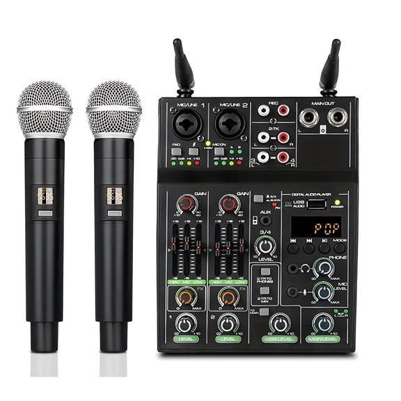 High-Quality 4-Channel Mixer with UHF Wireless Microphone System - Perfect for Music Performance and Karaoke, 48 Phantom Power, Wireless Phone Connectivity for an Exceptional Music Experience