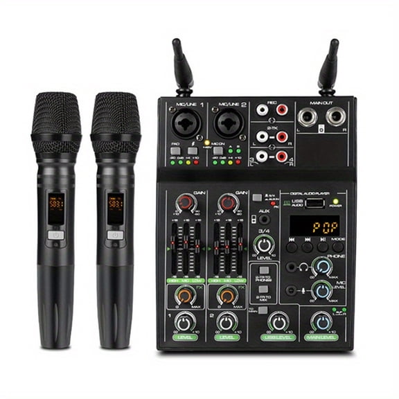 High-Quality 4-Channel Mixer with UHF Wireless Microphone System - Perfect for Music Performance and Karaoke, 48 Phantom Power, Wireless Phone Connectivity for an Exceptional Music Experience