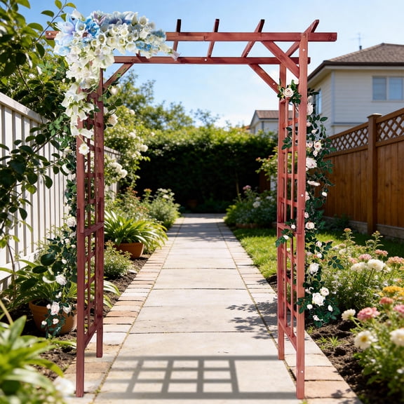 High-Quality 85in Wooden Garden Arbor Trellis – Sturdy Fir Wood Flat-Top Pergola for Climbing Plants – Ideal for Outdoor Weddings, Patios & Lawns – Teak Finish, Flat Top