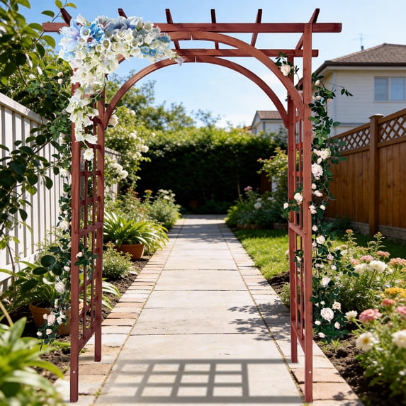High-Quality 85in Wooden Garden Arbor Trellis – Sturdy Fir Wood Pergola for Climbing Plants – Flat & Arched Top for Outdoor Weddings and Patio Decor – Teak Finish