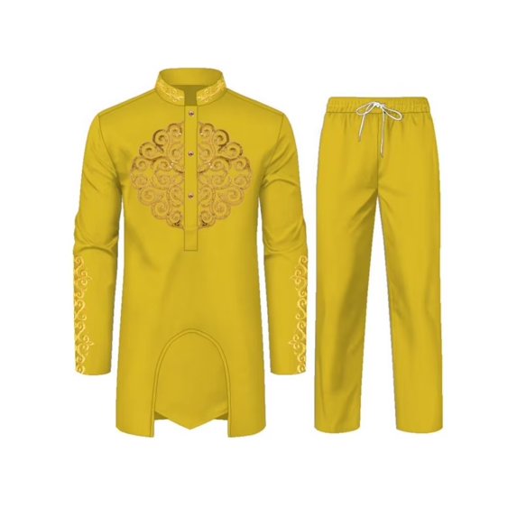 High Quality African Mens 2 Piece Set Long Sleeve Gold Embroidery Dashiki Shirt and Pants Outfit Traditional Suit WYN1913